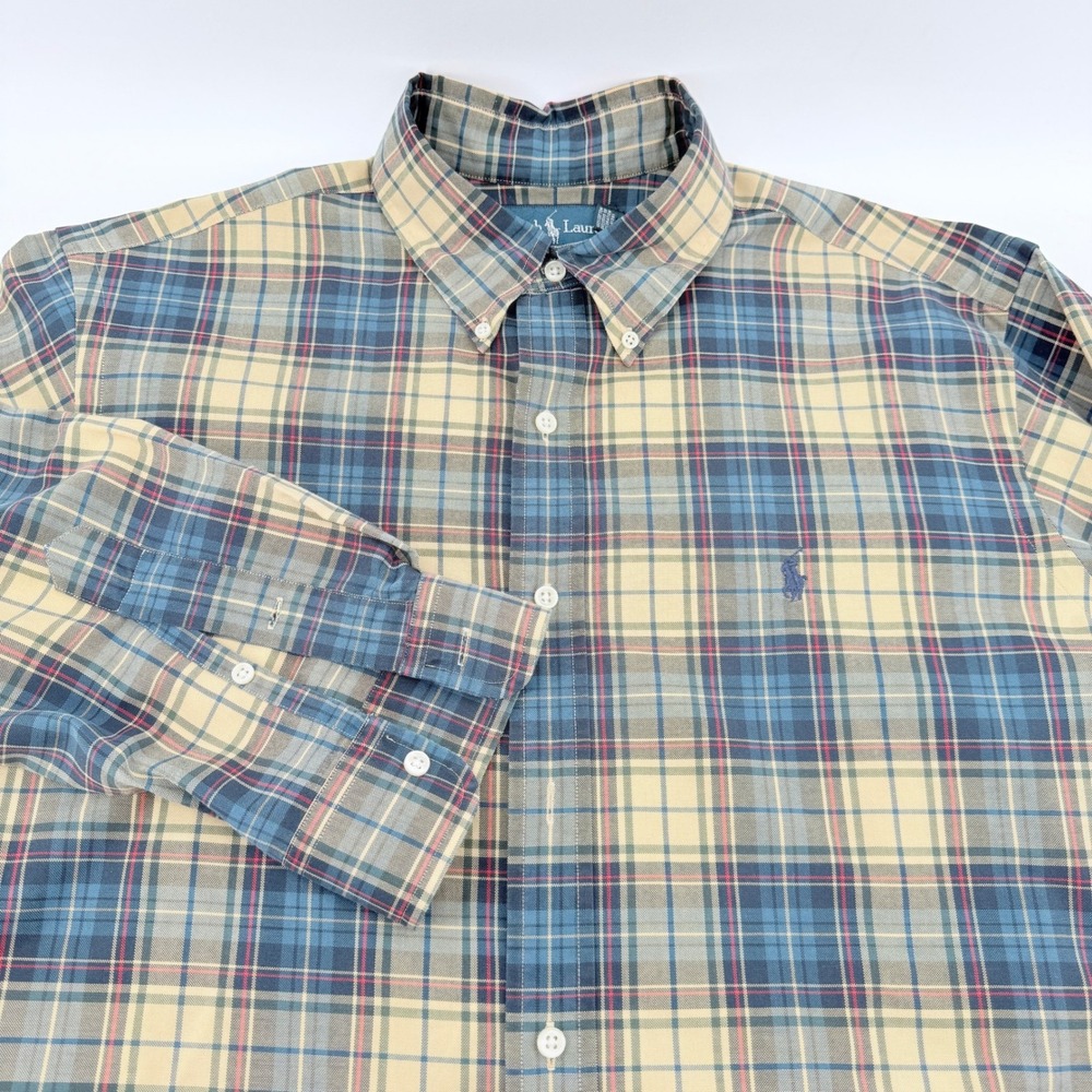 Polo‎ Ralph Lauren Button Down Shirt Mens Large Classic Fit Plaid Blue Tan